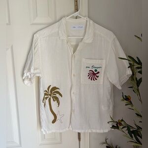 Zara White Casual Shirt with Palm Tree Design